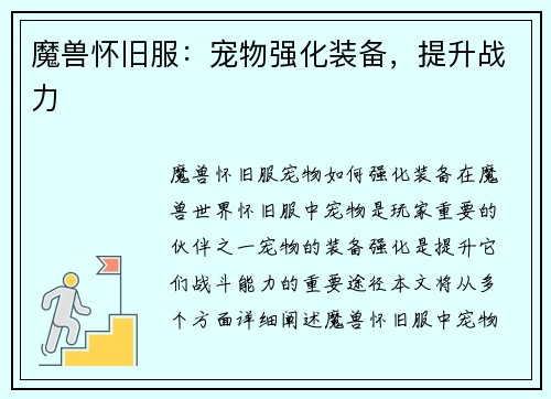 魔兽怀旧服：宠物强化装备，提升战力